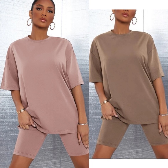 Pants - Tan / brown Oversized tee shirt and biker shorts matching set